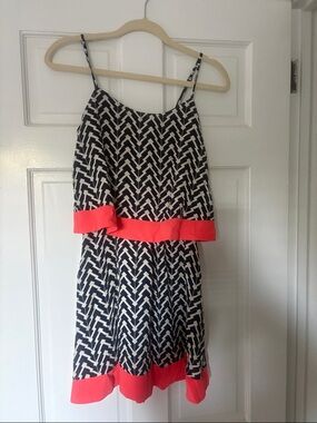 Sugarlips Black & White Chevron Mini Dress with Coral Trim